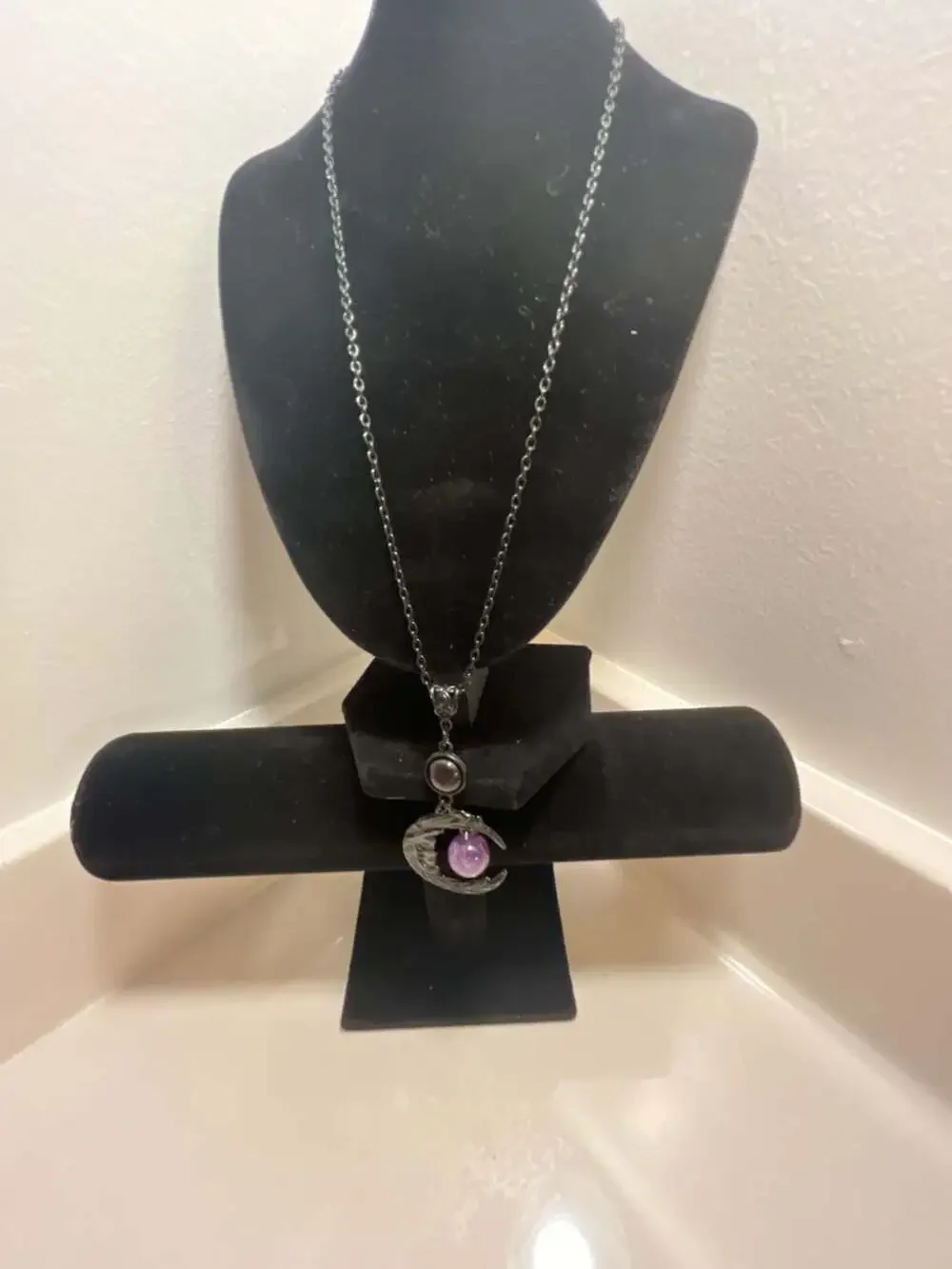 Gothic Black Crescent Moon Pendant Necklace with Purple Bead